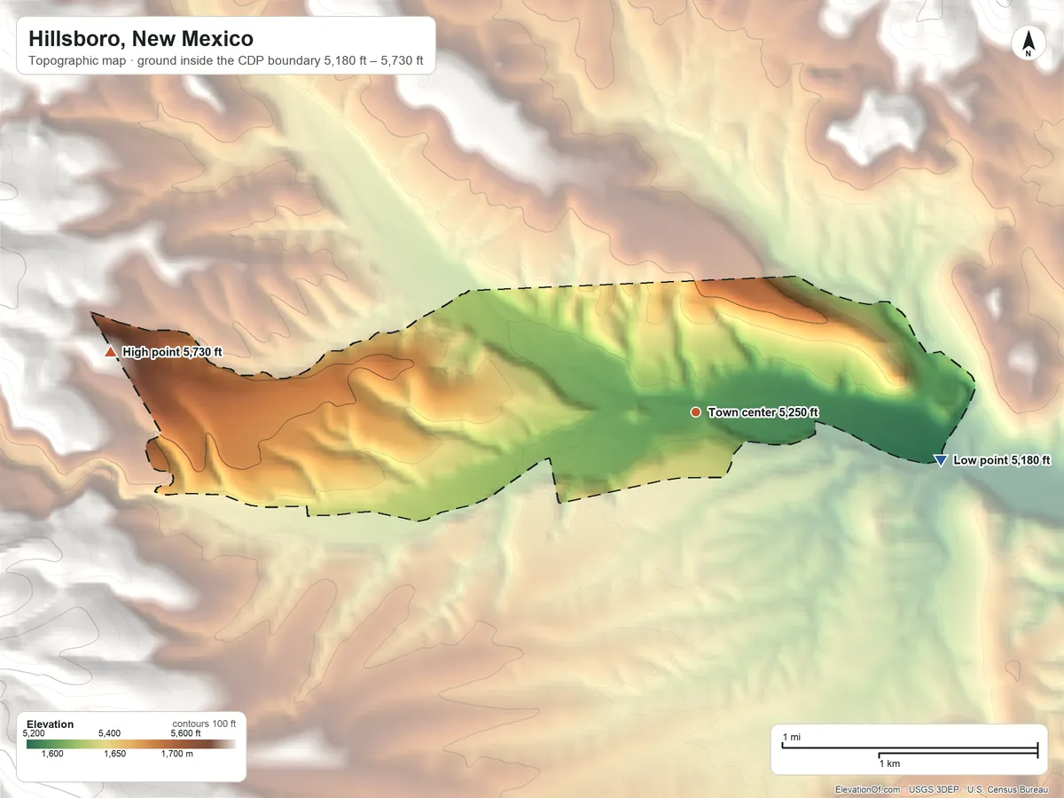 Topographic elevation map of Hillsboro, New Mexico, shaded from 5,180 ft on the east side to 5,730 ft at the foot of the Mimbres Mountains