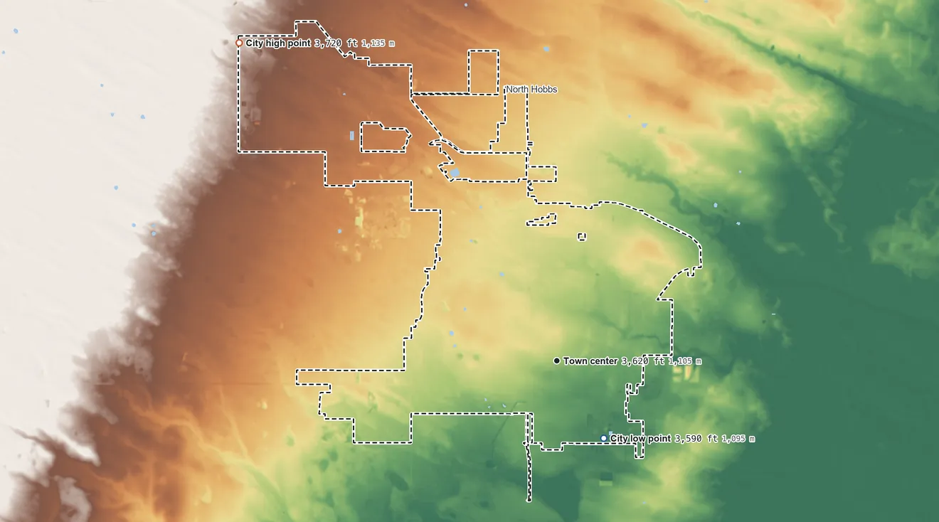 Topographic elevation map of Hobbs, New Mexico, shaded from 3,590 ft on the southeast side to 3,720 ft on the northwest side
