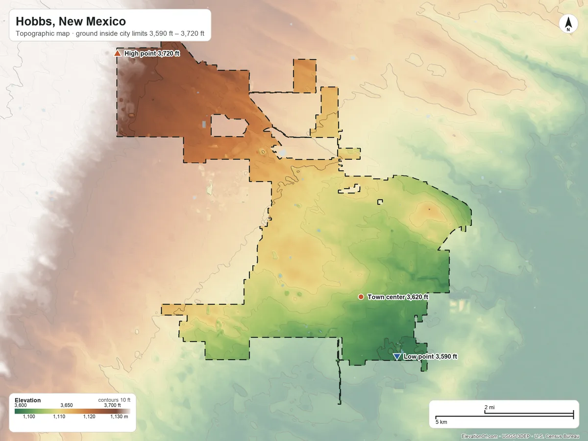 Topographic elevation map of Hobbs, New Mexico, shaded from 3,590 ft on the southeast side to 3,720 ft on the northwest side