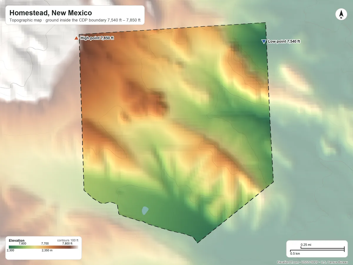 Topographic elevation map of Homestead, New Mexico, shaded from 7,540 ft on the northeast side to 7,850 ft at the foot of the Crosby Mountains