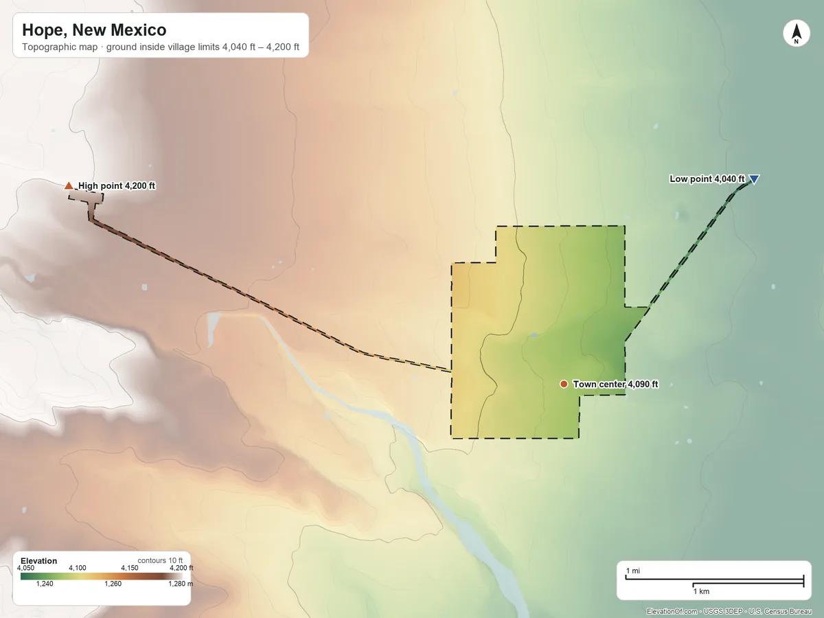 Topographic elevation map of Hope, New Mexico, shaded from 4,040 ft on the northeast side to 4,200 ft on the west side
