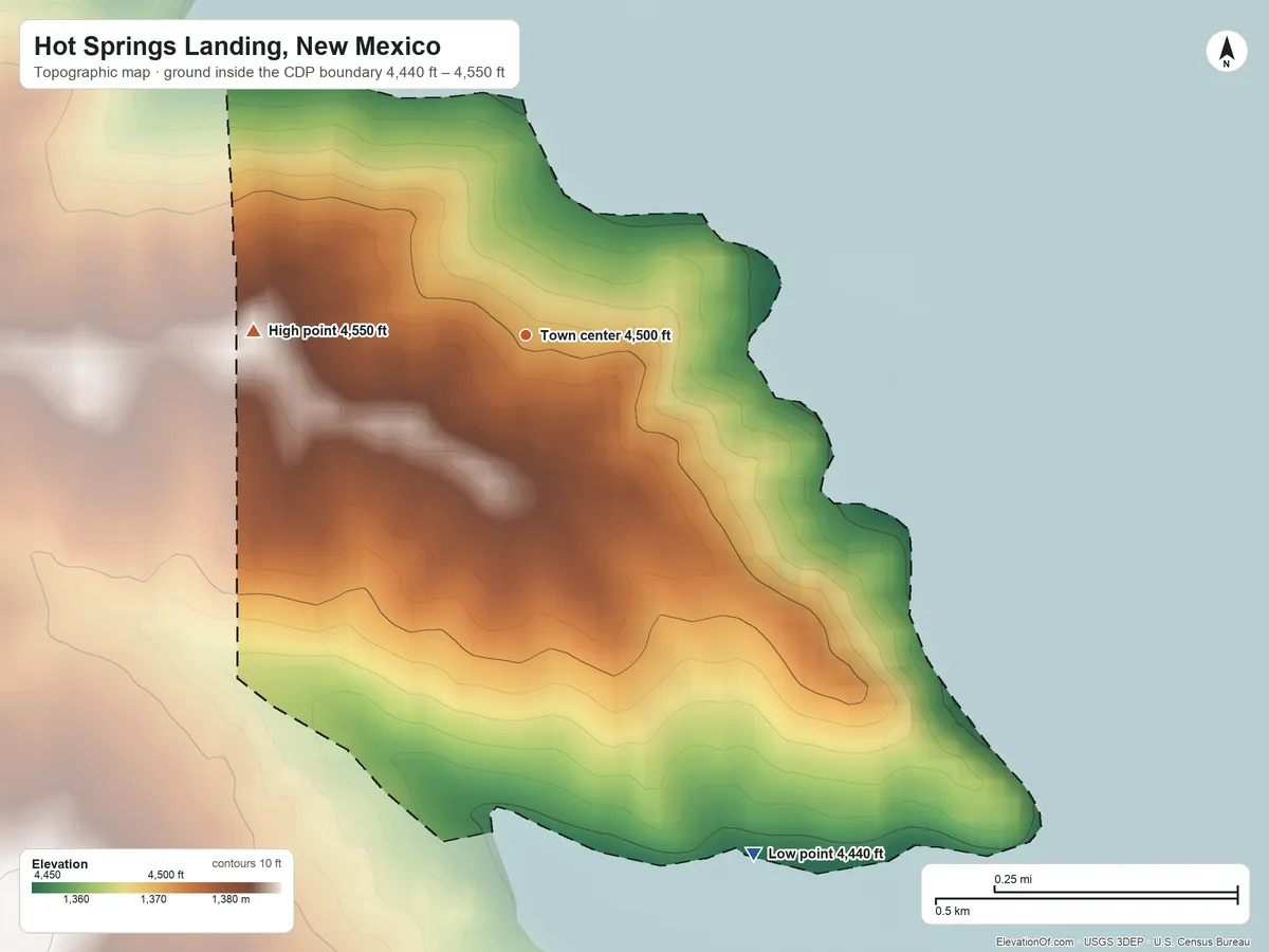 Topographic elevation map of Hot Springs Landing, New Mexico, shaded from 4,440 ft on the southeast side to 4,550 ft on the west side