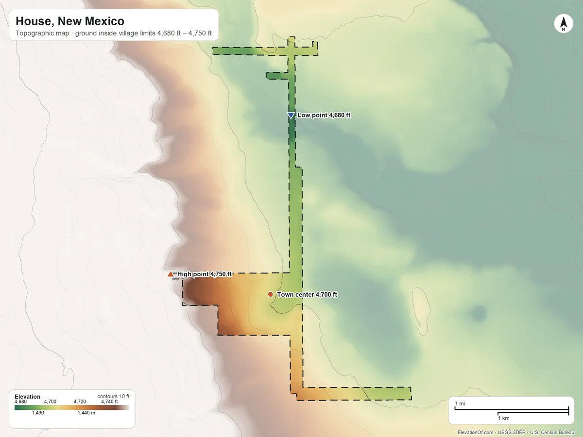 Topographic elevation map of House, New Mexico, shaded from 4,680 ft on the north side to 4,750 ft on the west side