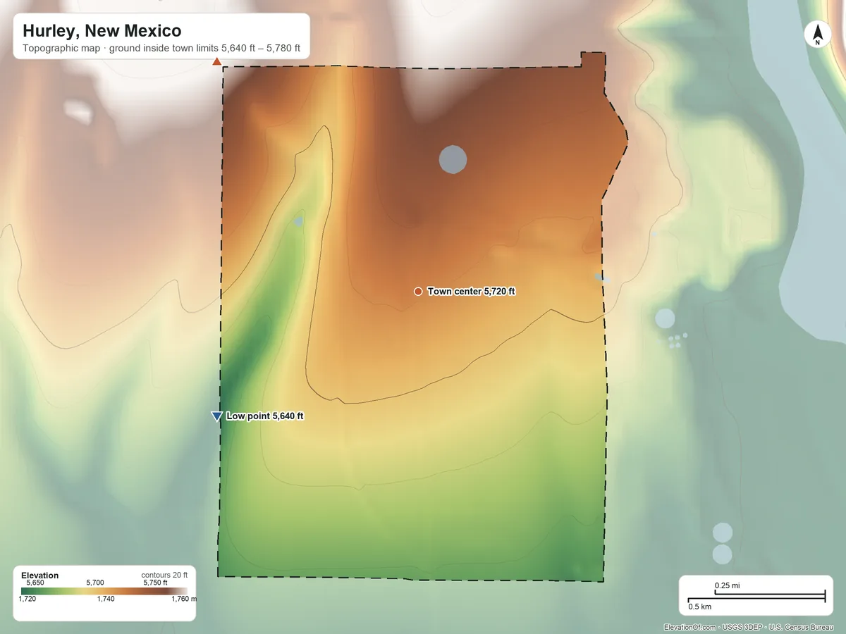 Topographic elevation map of Hurley, New Mexico, shaded from 5,640 ft on the southwest side to 5,780 ft at the foot of the Little Burro Mountains