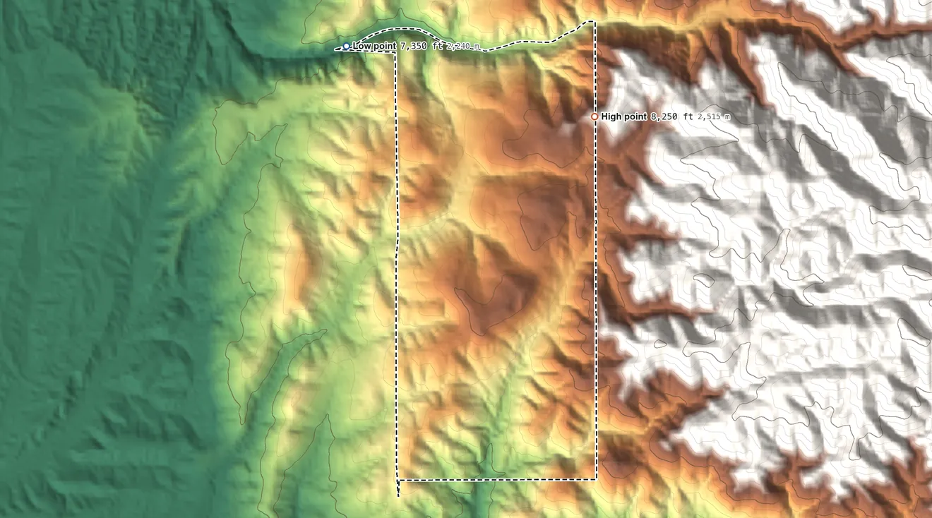 Topographic elevation map of Hyde Park, New Mexico, shaded from 7,350 ft on the northwest side to 8,250 ft on the northeast edge, below higher ground just outside