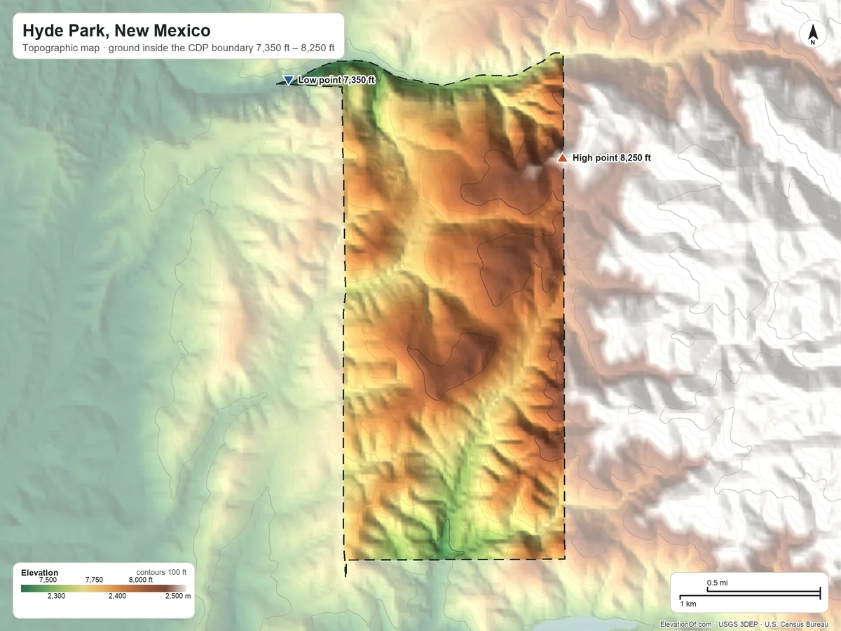 Topographic elevation map of Hyde Park, New Mexico, shaded from 7,350 ft on the northwest side to 8,250 ft on the northeast edge, below higher ground just outside
