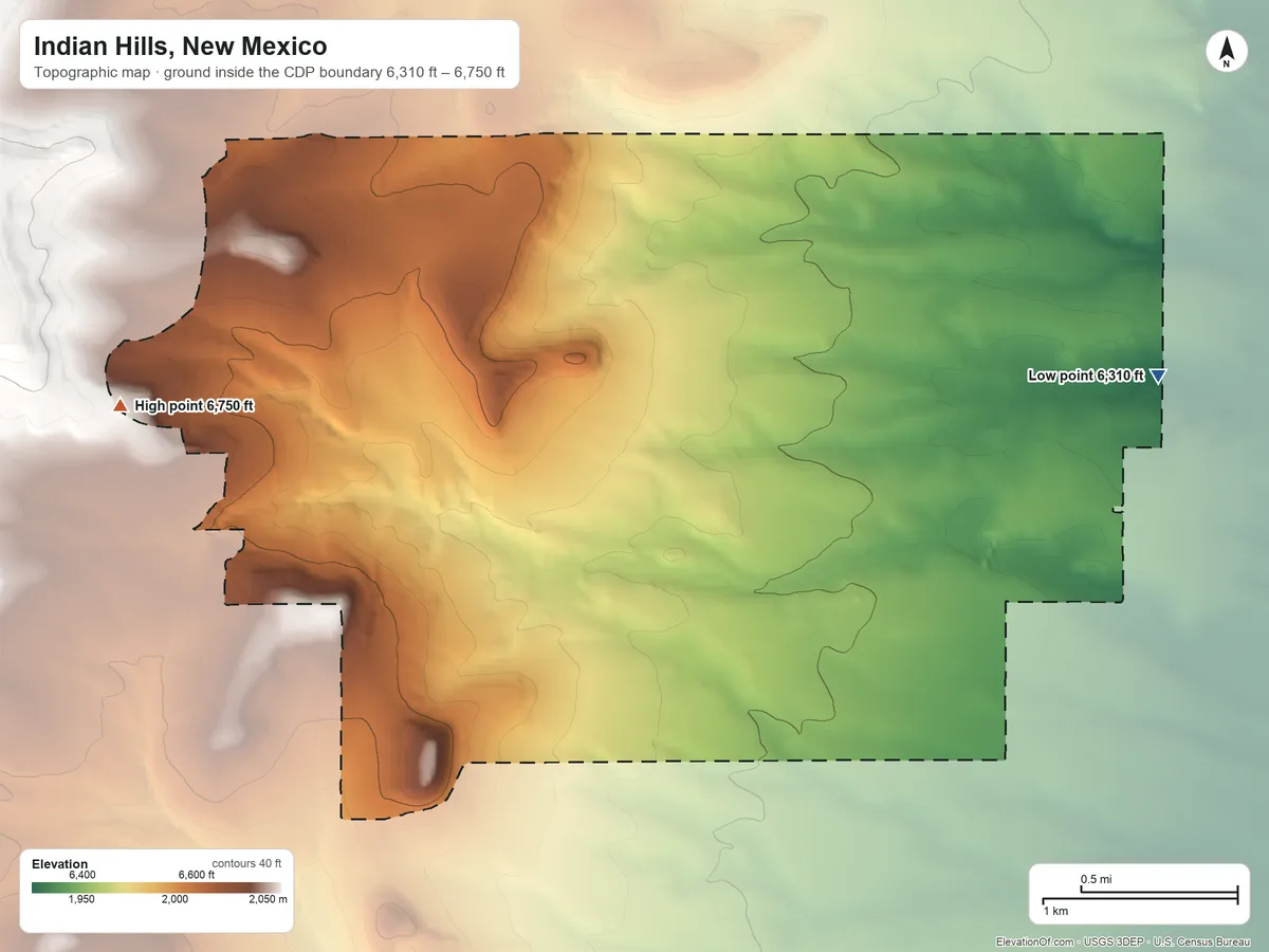 Topographic elevation map of Indian Hills, New Mexico, shaded from 6,310 ft on the east side to 6,750 ft on the west side