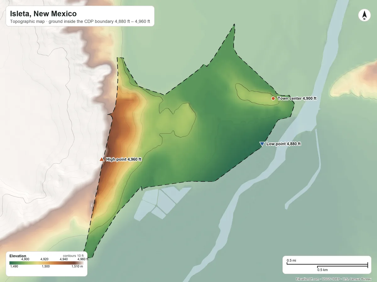 Topographic elevation map of Isleta, New Mexico, shaded from 4,880 ft on the south side to 4,960 ft on the west edge, below higher ground just outside
