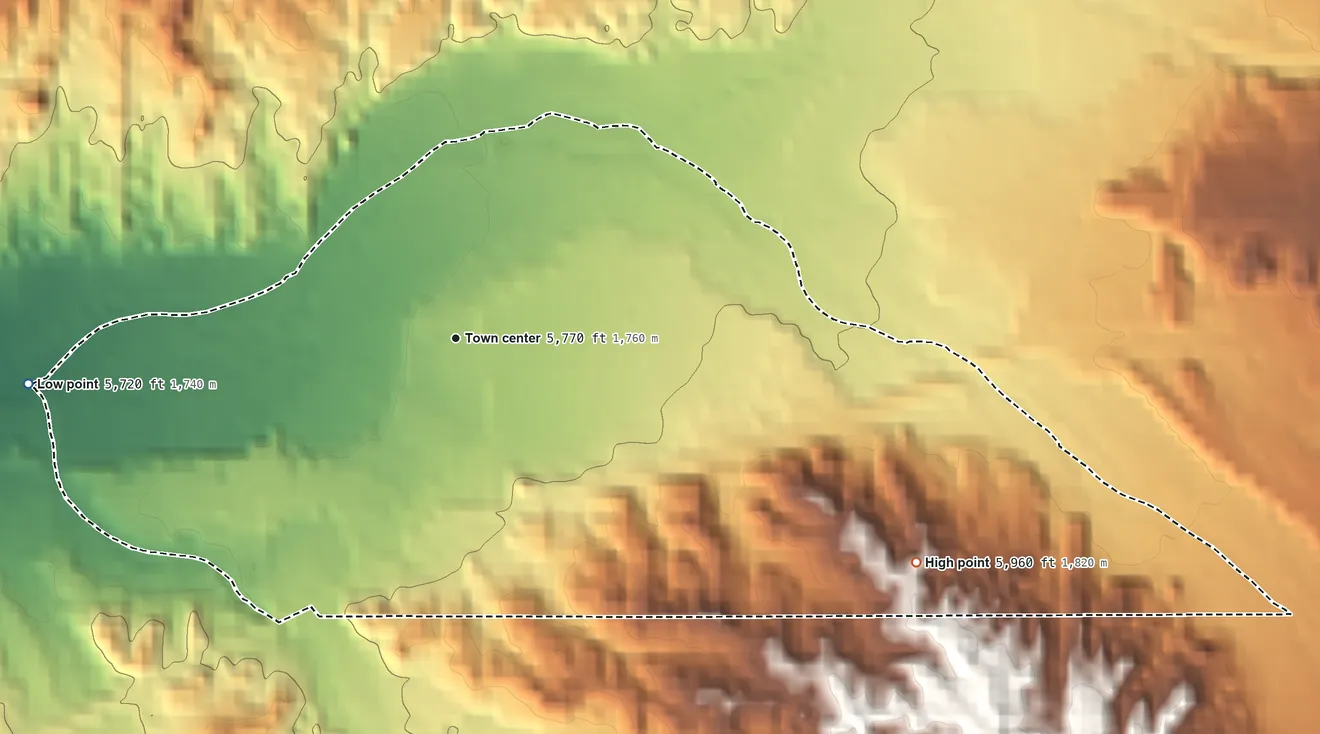 Topographic elevation map of Jacona, New Mexico, shaded from 5,720 ft on the west side to 5,960 ft on the southeast side