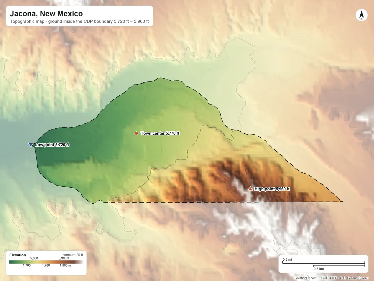 Topographic elevation map of Jacona, New Mexico, shaded from 5,720 ft on the west side to 5,960 ft on the southeast side