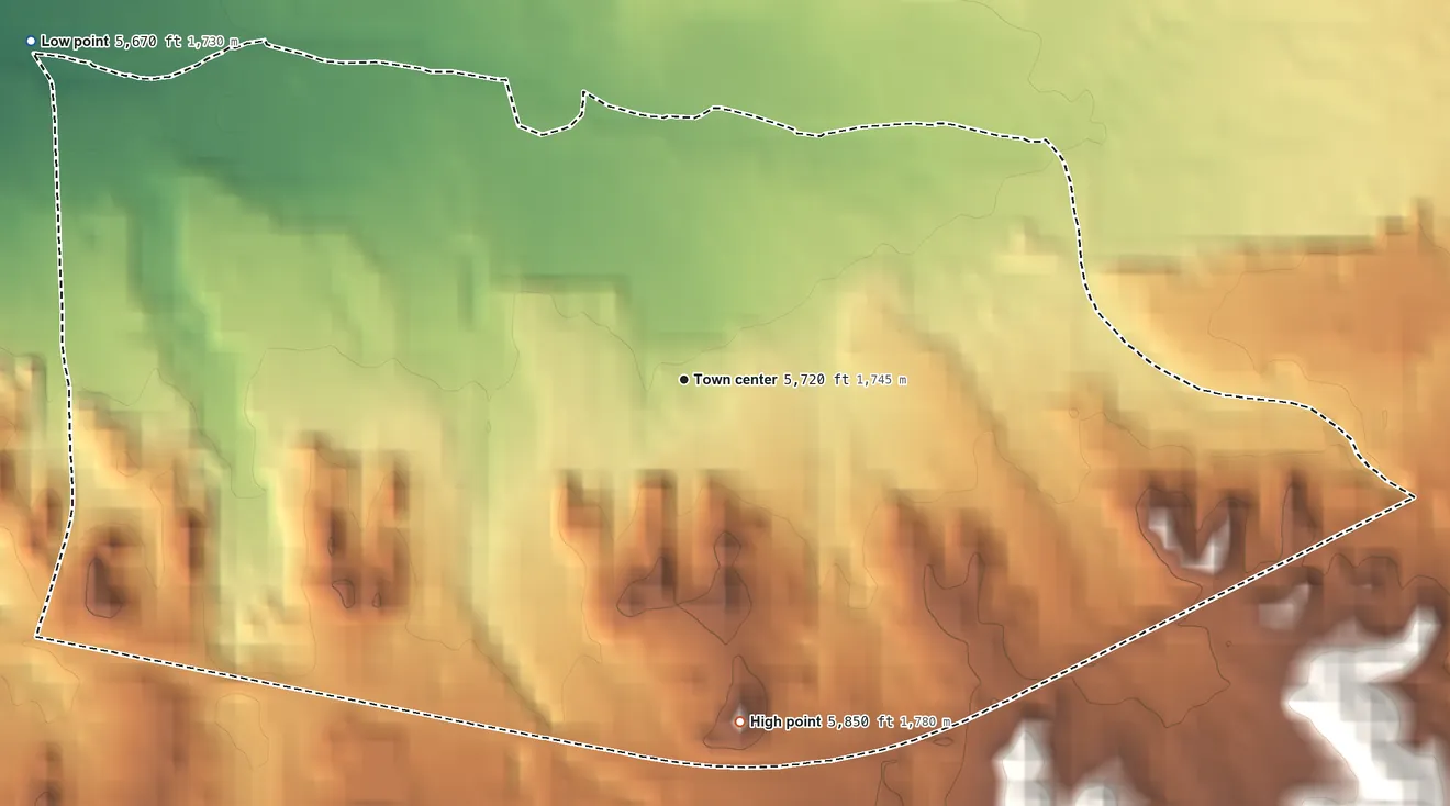 Topographic elevation map of Jaconita, New Mexico, shaded from 5,670 ft on the northwest side to 5,850 ft on the south edge, below higher ground just outside