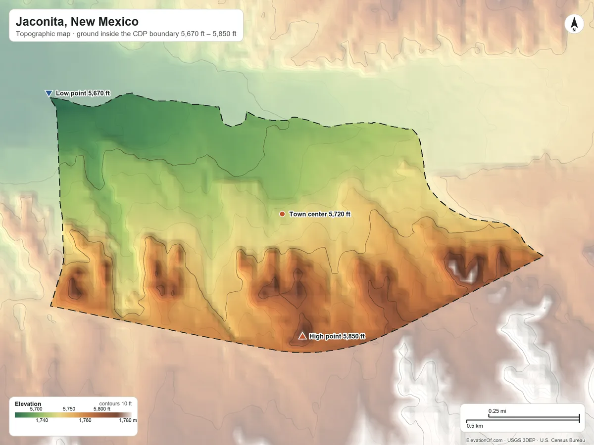Topographic elevation map of Jaconita, New Mexico, shaded from 5,670 ft on the northwest side to 5,850 ft on the south edge, below higher ground just outside