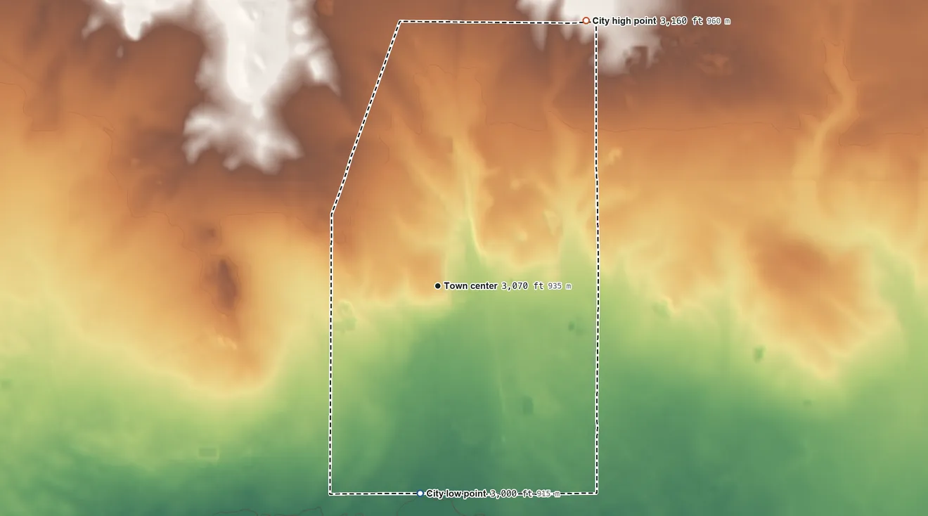 Topographic elevation map of Jal, New Mexico, shaded from 3,000 ft on the south side to 3,160 ft on the northeast side