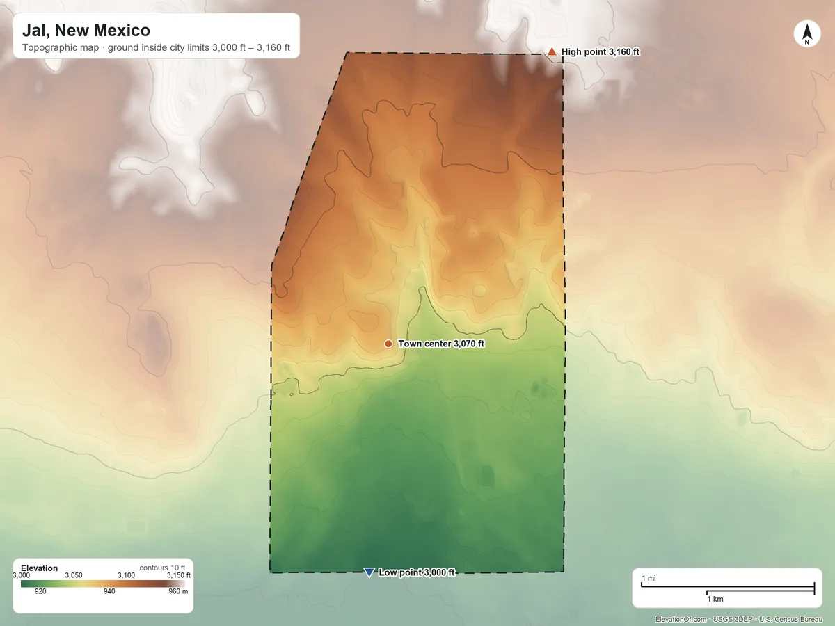Topographic elevation map of Jal, New Mexico, shaded from 3,000 ft on the south side to 3,160 ft on the northeast side