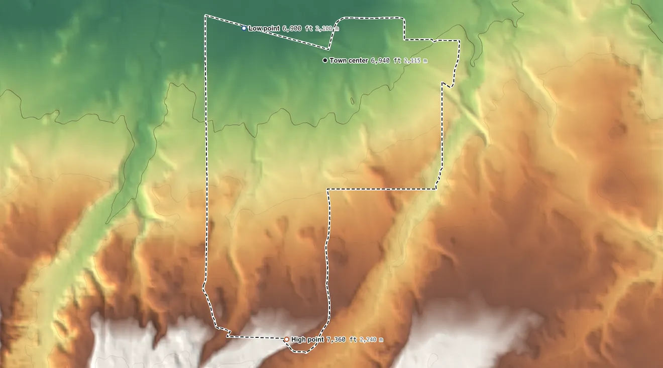 Topographic elevation map of Jamestown, New Mexico, shaded from 6,900 ft on the west side to 7,360 ft on the south side