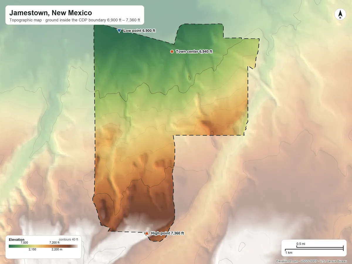 Topographic elevation map of Jamestown, New Mexico, shaded from 6,900 ft on the west side to 7,360 ft on the south side