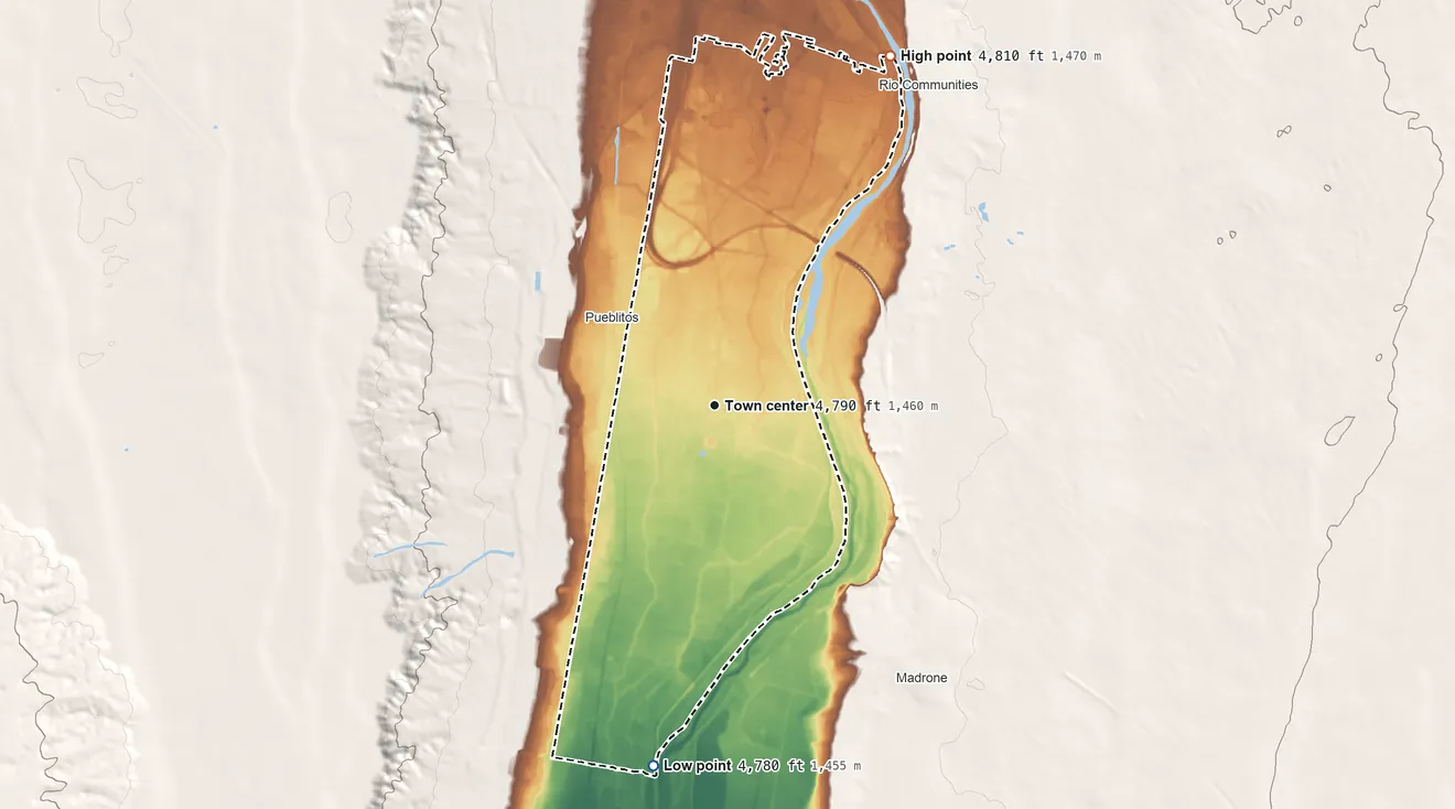 Topographic elevation map of Jarales, New Mexico, shaded from 4,780 ft on the south side to 4,810 ft on the northeast side