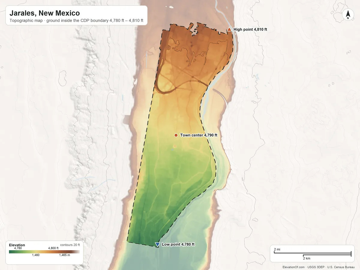 Topographic elevation map of Jarales, New Mexico, shaded from 4,780 ft on the south side to 4,810 ft on the northeast side