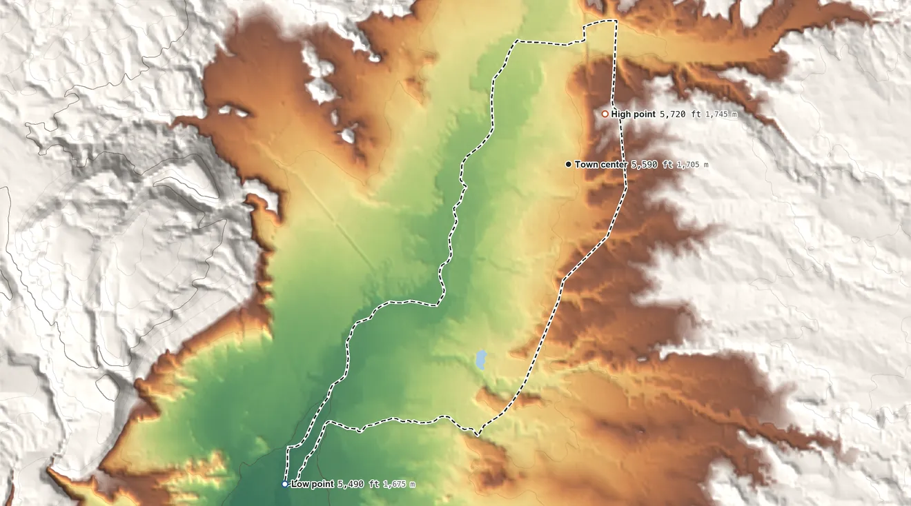 Topographic elevation map of Jemez Pueblo, New Mexico, shaded from 5,490 ft on the southwest side to 5,720 ft on the northeast edge, below higher ground just outside
