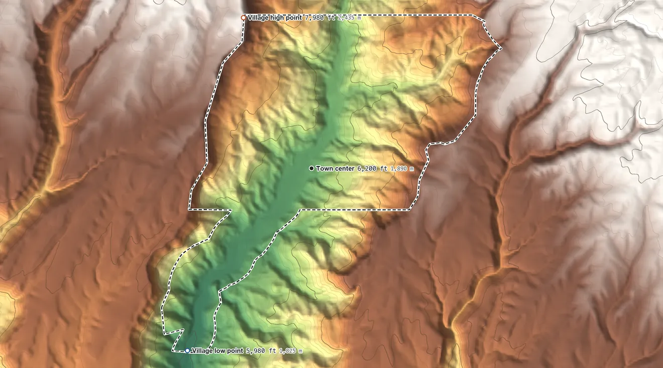 Topographic elevation map of Jemez Springs, New Mexico, shaded from 5,980 ft on the southwest side to 7,980 ft on the northwest side