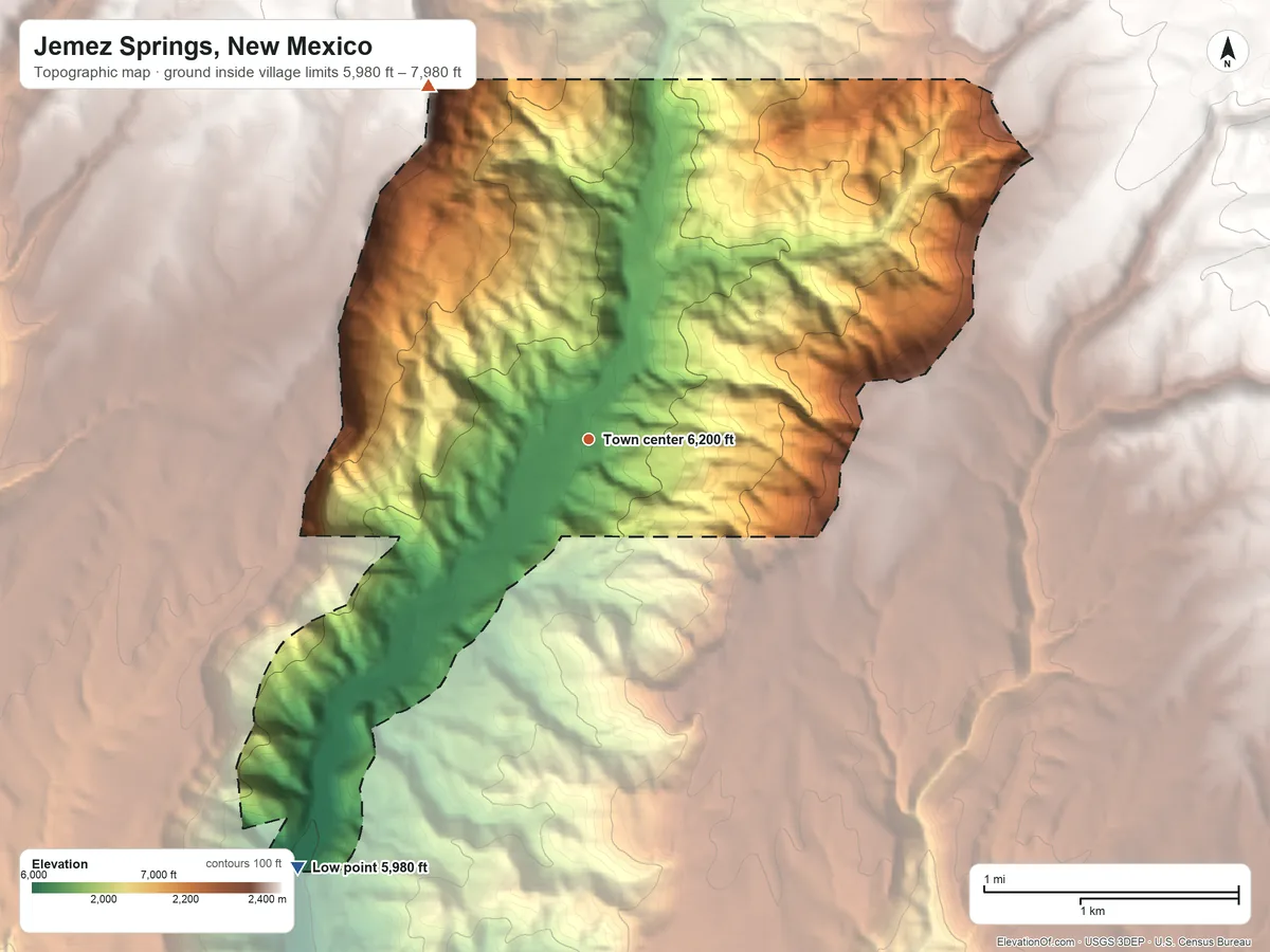 Topographic elevation map of Jemez Springs, New Mexico, shaded from 5,980 ft on the southwest side to 7,980 ft on the northwest side