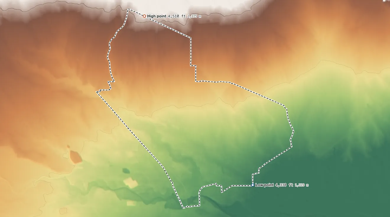 Topographic elevation map of Keeler Farm, New Mexico, shaded from 4,330 ft on the southeast side to 4,510 ft on the northwest side