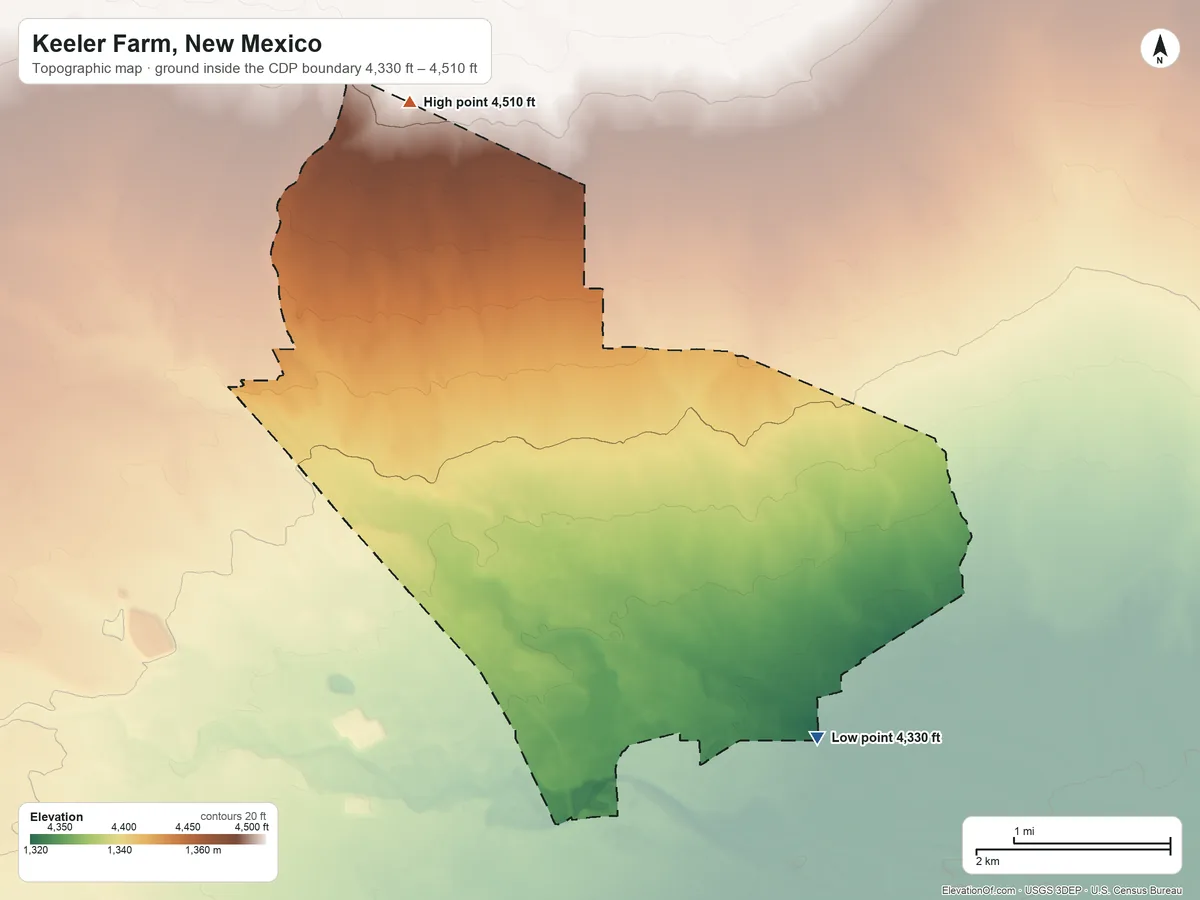 Topographic elevation map of Keeler Farm, New Mexico, shaded from 4,330 ft on the southeast side to 4,510 ft on the northwest side