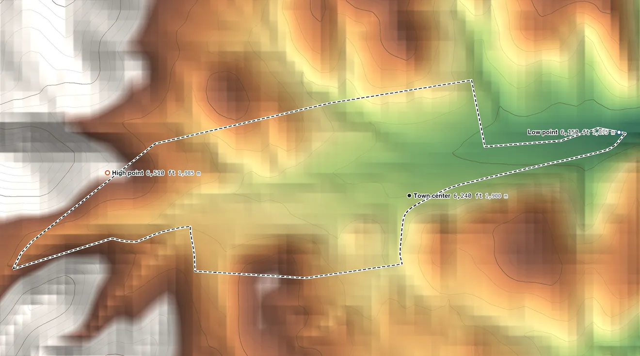 Topographic elevation map of Kingston, New Mexico, shaded from 6,150 ft on the east side to 6,510 ft at the foot of the Mimbres Mountains