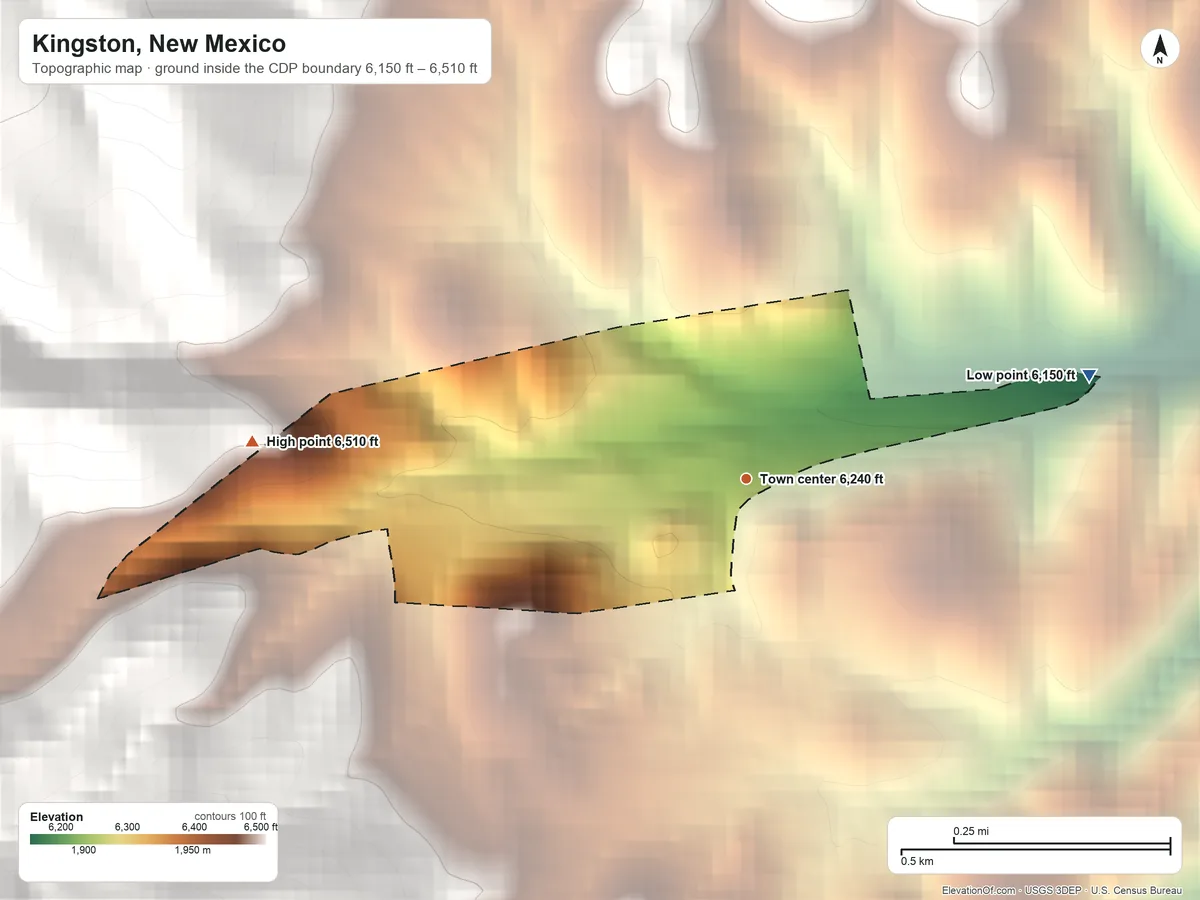 Topographic elevation map of Kingston, New Mexico, shaded from 6,150 ft on the east side to 6,510 ft at the foot of the Mimbres Mountains