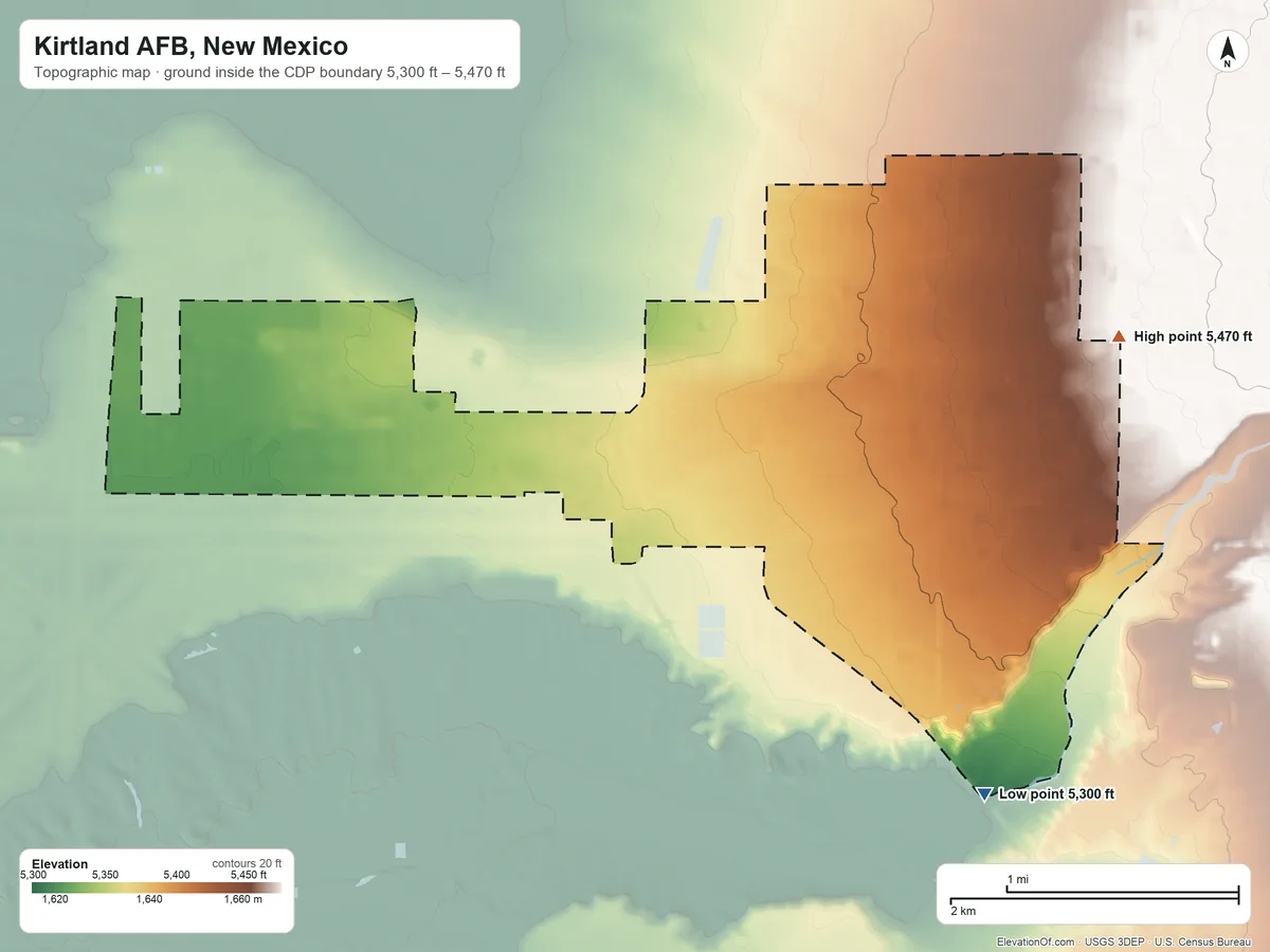Topographic elevation map of Kirtland AFB, New Mexico, shaded from 5,300 ft on the south side to 5,470 ft on the east side
