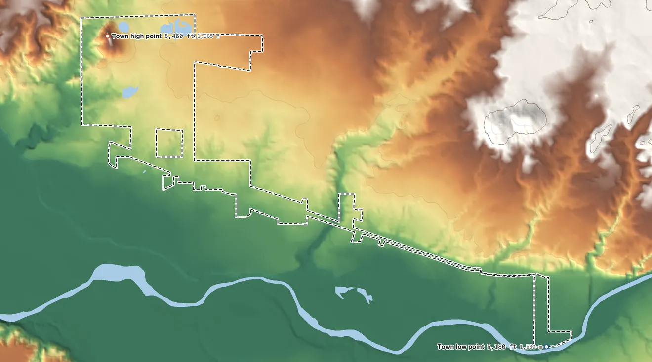 Topographic elevation map of Kirtland, New Mexico, shaded from 5,180 ft on the southeast side to 5,460 ft on Flare Hill