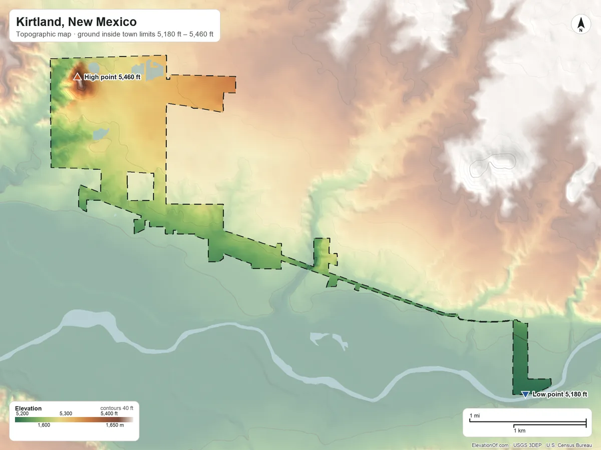 Topographic elevation map of Kirtland, New Mexico, shaded from 5,180 ft on the southeast side to 5,460 ft on Flare Hill