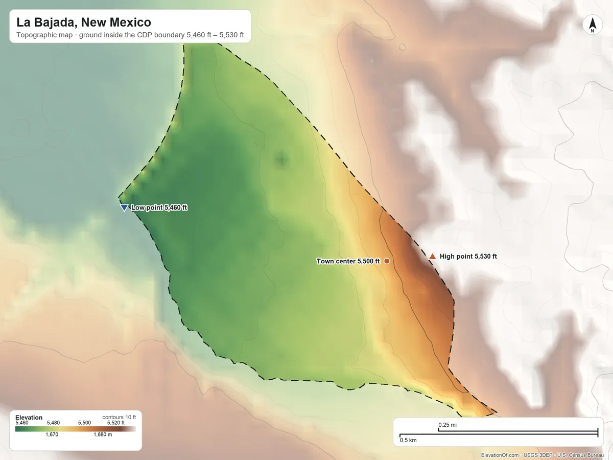 Topographic elevation map of La Bajada, New Mexico, shaded from 5,460 ft on the west side to 5,530 ft at the foot of the Cerrillos Hills