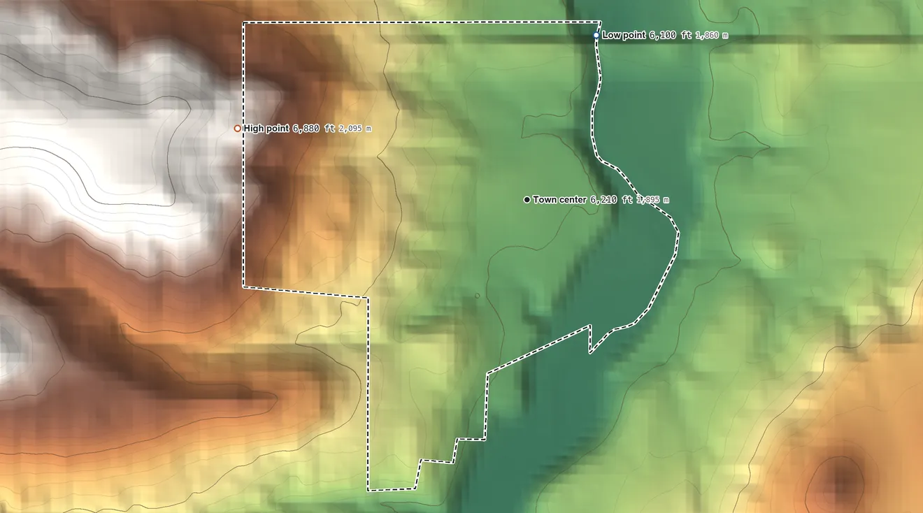 Topographic elevation map of La Boca, New Mexico, shaded from 6,100 ft on the northeast side to 6,880 ft on the west edge, below higher ground just outside