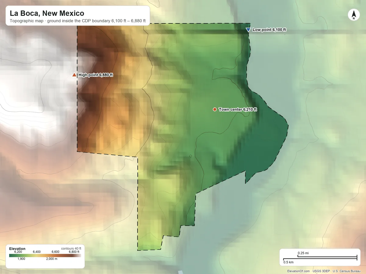 Topographic elevation map of La Boca, New Mexico, shaded from 6,100 ft on the northeast side to 6,880 ft on the west edge, below higher ground just outside