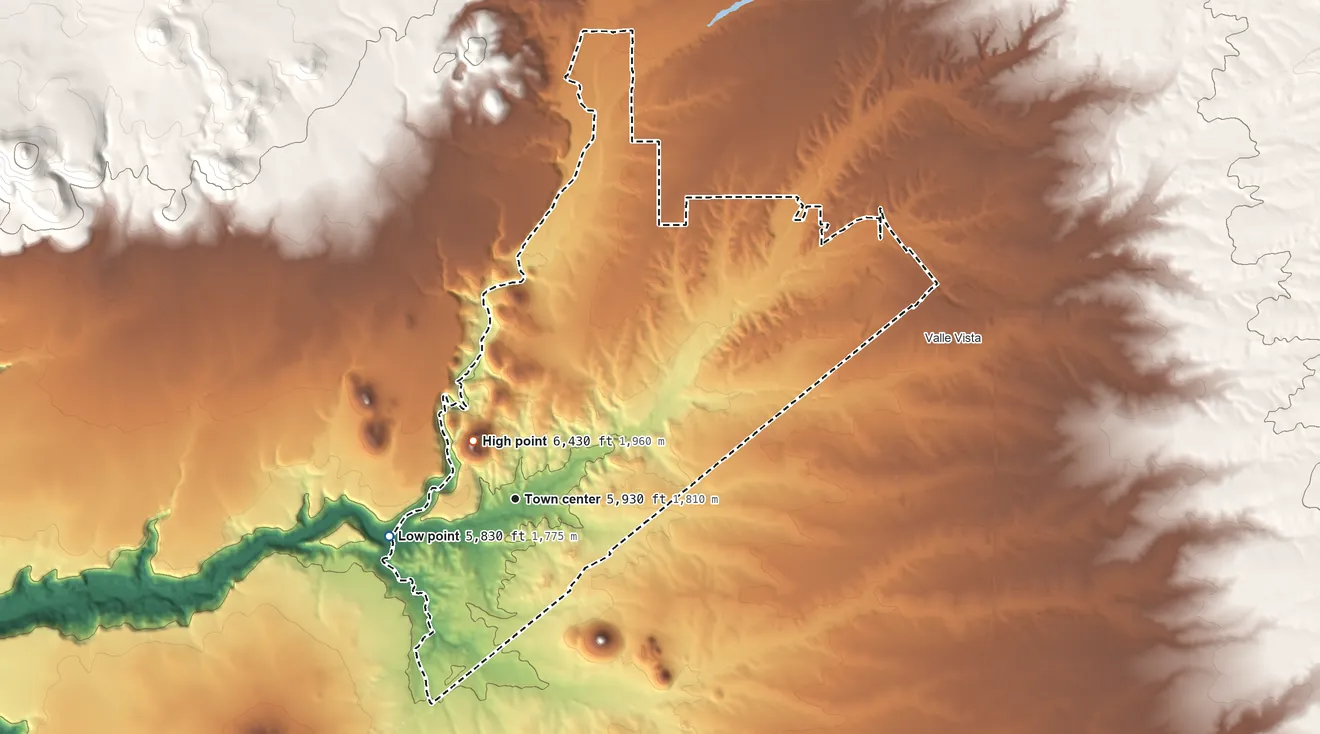 Topographic elevation map of La Cienega, New Mexico, shaded from 5,830 ft on the west side to 6,434 ft on Cerro Seguro