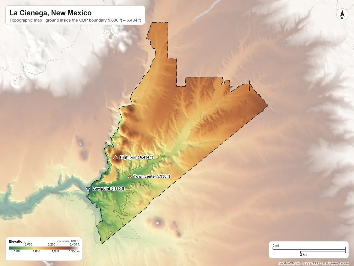 Topographic elevation map of La Cienega, New Mexico, shaded from 5,830 ft on the west side to 6,434 ft on Cerro Seguro