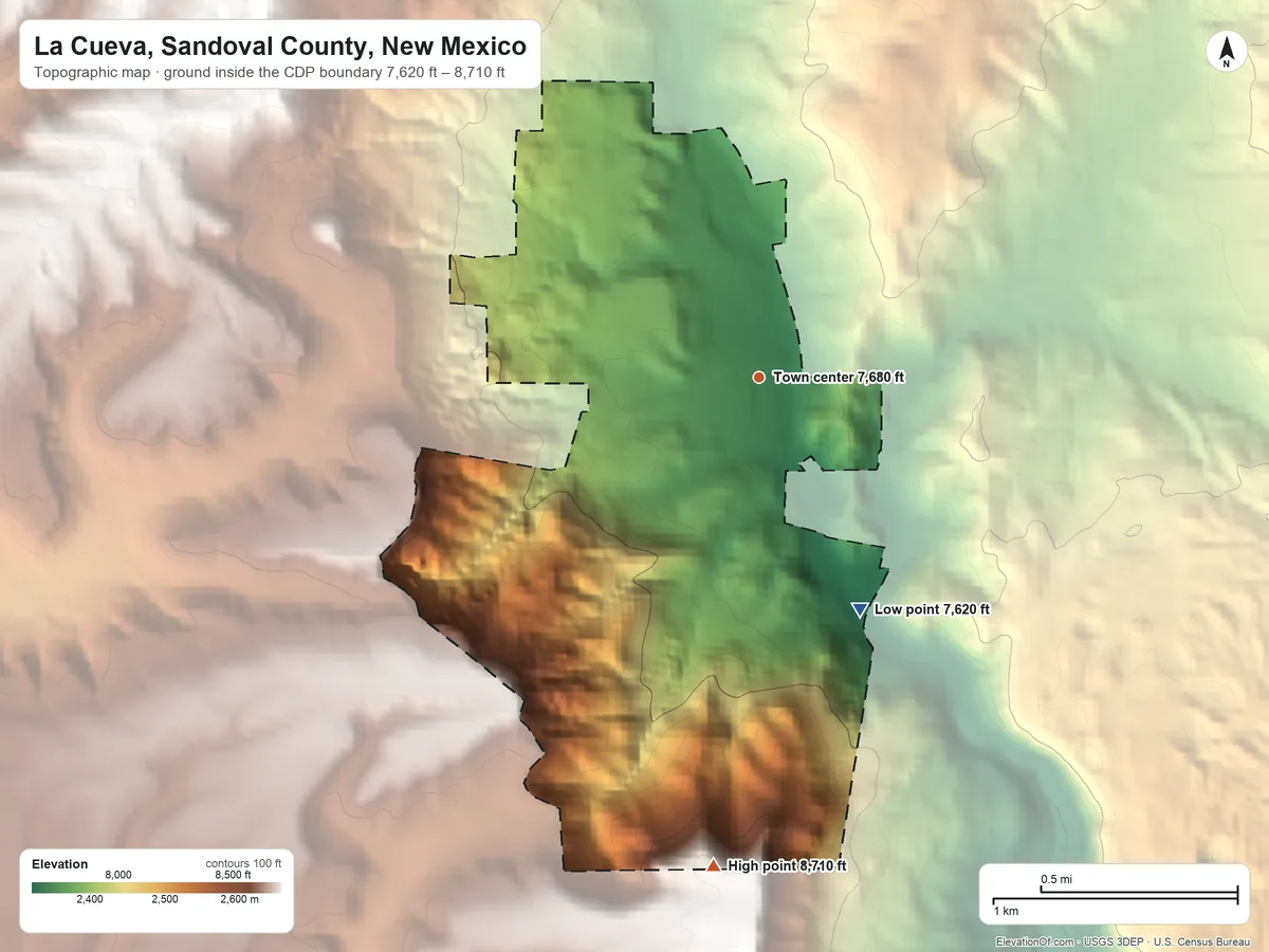 Topographic elevation map of La Cueva, Sandoval County, New Mexico, shaded from 7,620 ft on the southeast side to 8,710 ft on the south side