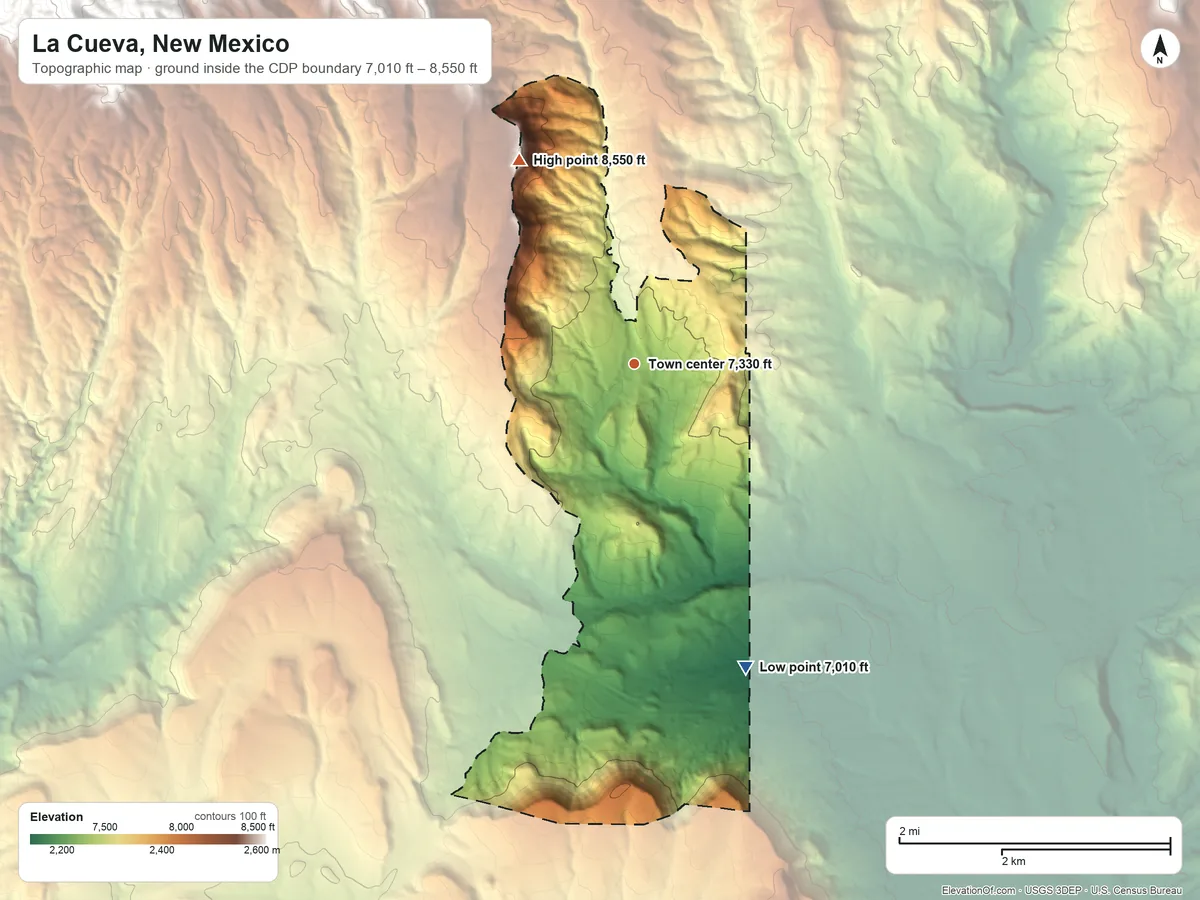 Topographic elevation map of La Cueva, New Mexico, shaded from 7,010 ft on the south side to 8,550 ft on the northwest side