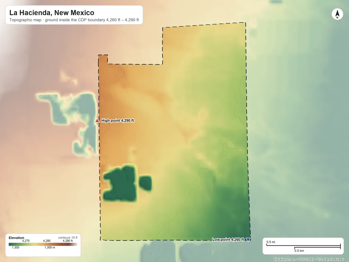 Topographic elevation map of La Hacienda, New Mexico, shaded from 4,260 ft on the southeast side to 4,290 ft on the northwest side