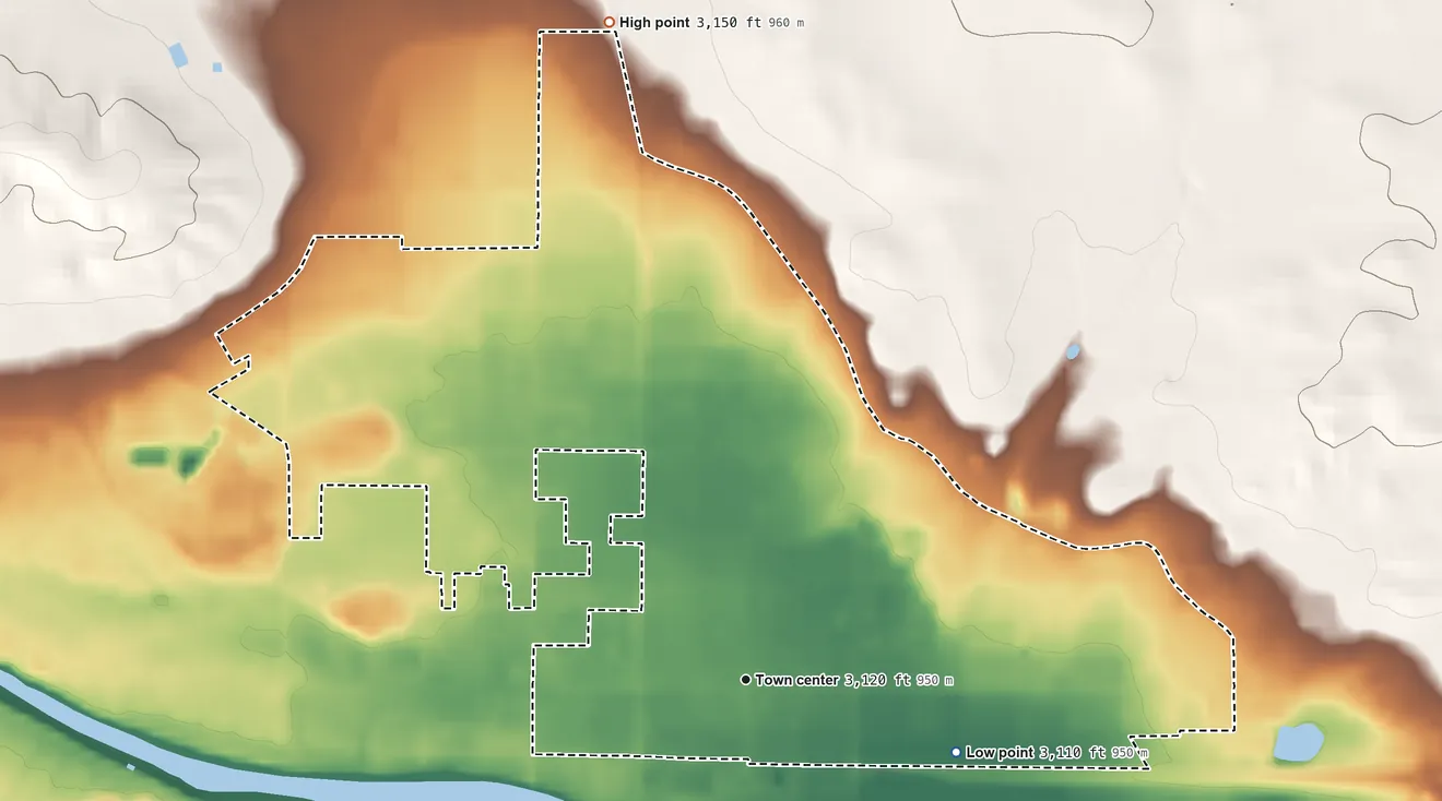 Topographic elevation map of La Huerta, New Mexico, shaded from 3,110 ft on the east side to 3,150 ft on the north side