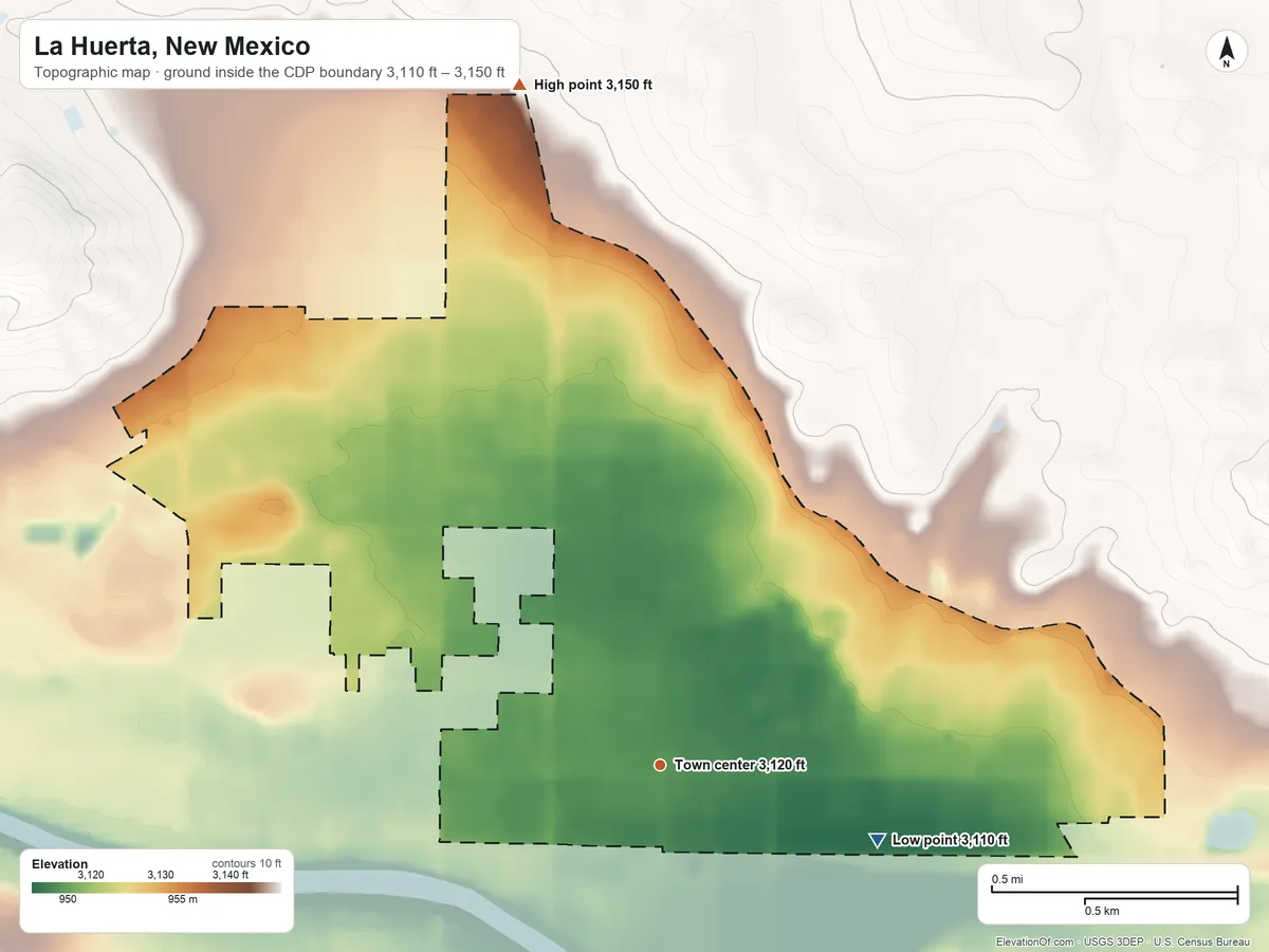 Topographic elevation map of La Huerta, New Mexico, shaded from 3,110 ft on the east side to 3,150 ft on the north side