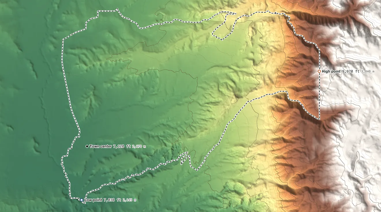 Topographic elevation map of La Jara, New Mexico, shaded from 7,030 ft on the south side to 9,970 ft at the foot of the San Pedro Mountains