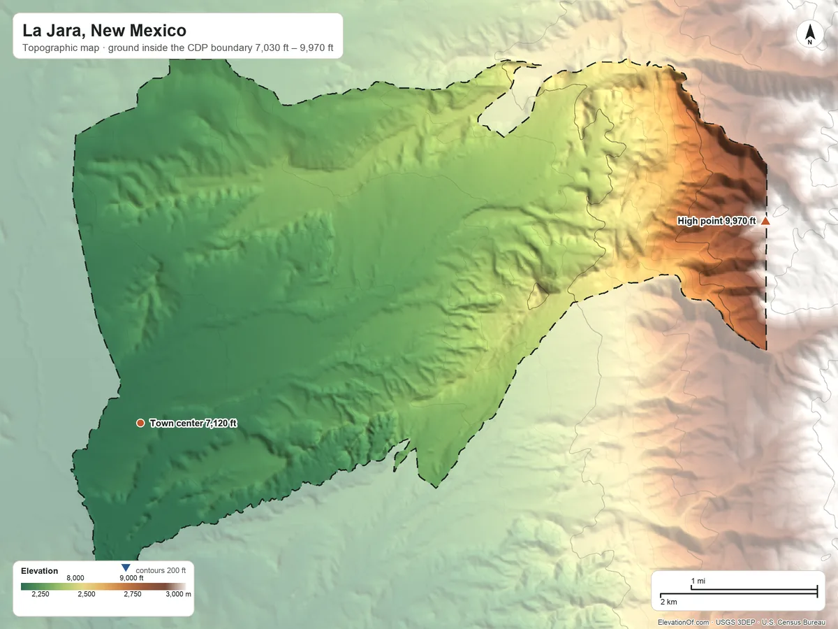 Topographic elevation map of La Jara, New Mexico, shaded from 7,030 ft on the south side to 9,970 ft at the foot of the San Pedro Mountains