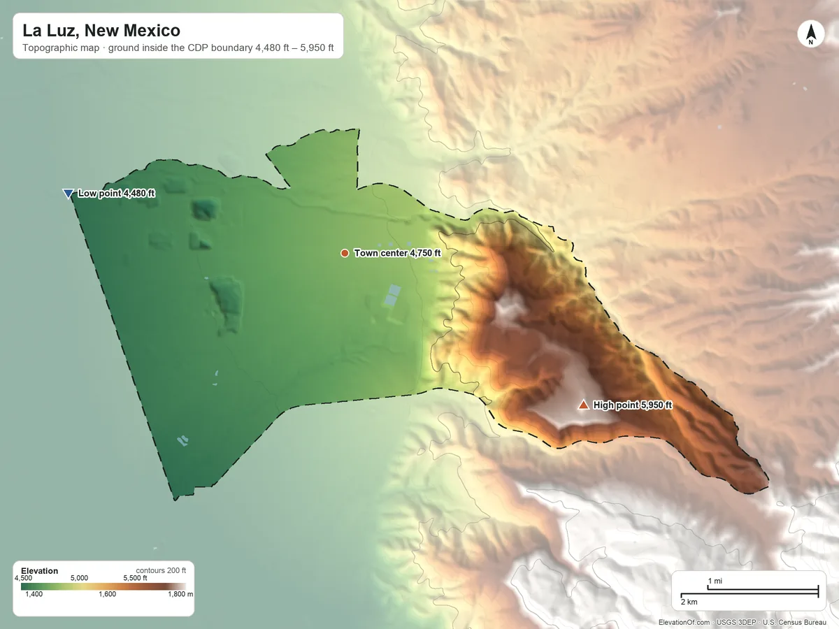 Topographic elevation map of La Luz, New Mexico, shaded from 4,480 ft on the west side to 5,950 ft at the foot of the Coyote Hills