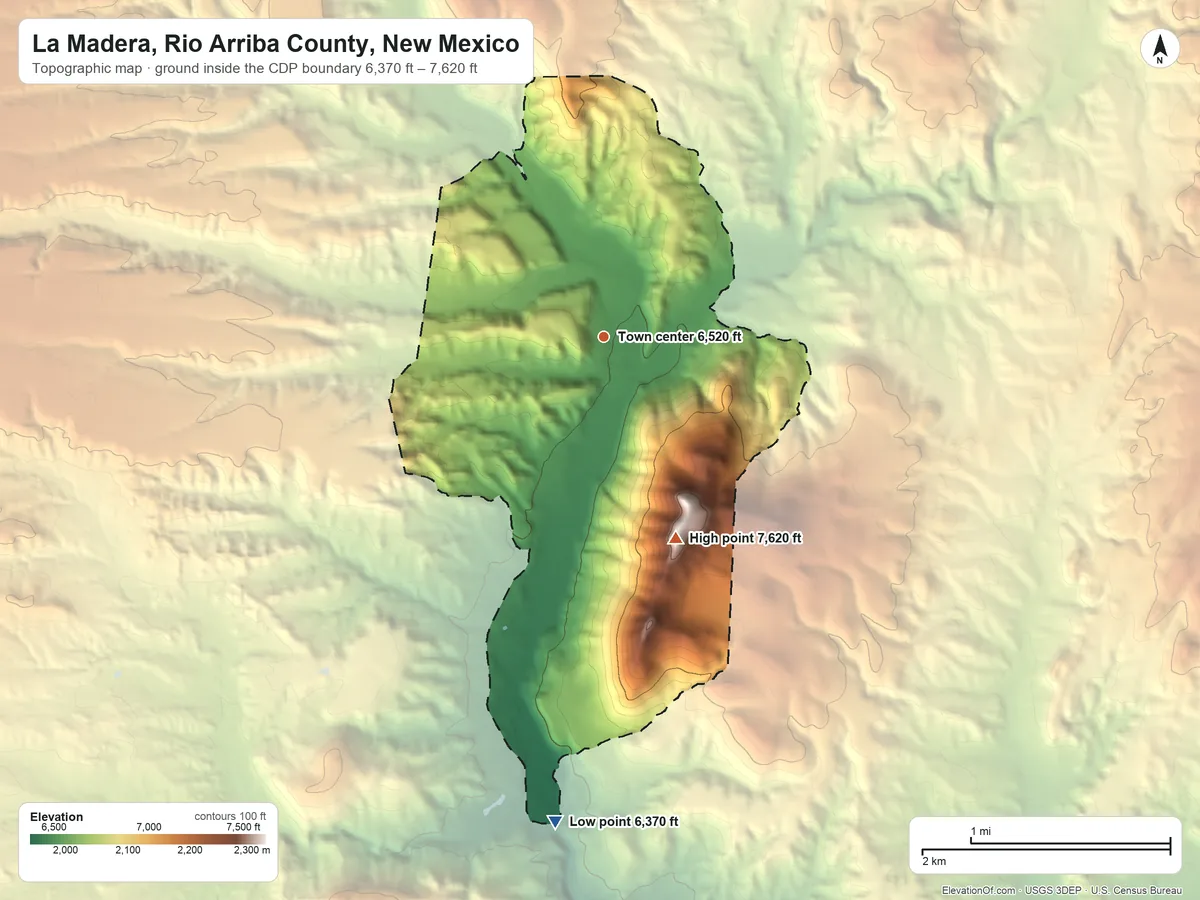 Topographic elevation map of La Madera, Rio Arriba County, New Mexico, shaded from 6,370 ft on the south side to 7,620 ft on the south side
