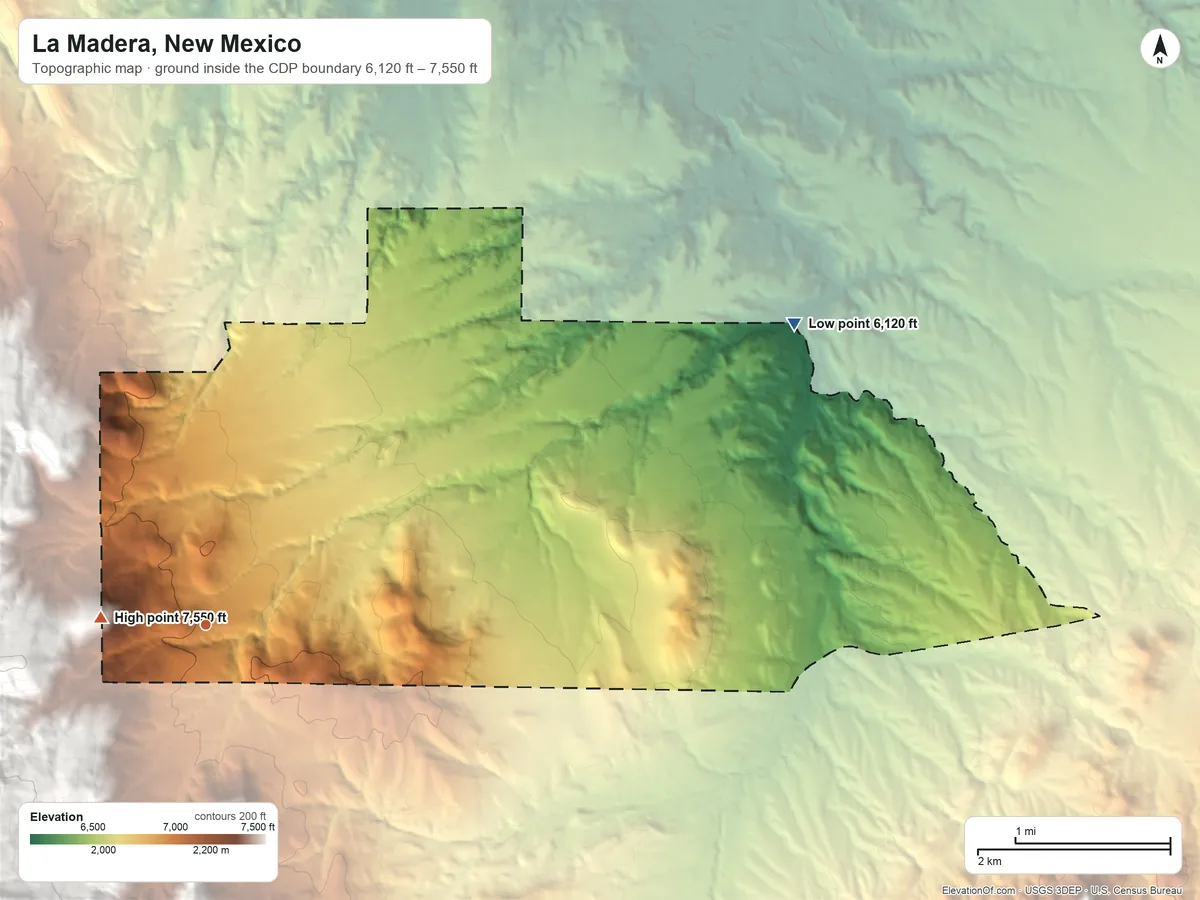 Topographic elevation map of La Madera, New Mexico, shaded from 6,120 ft on the northeast side to 7,550 ft at the foot of the Sandia Mountains