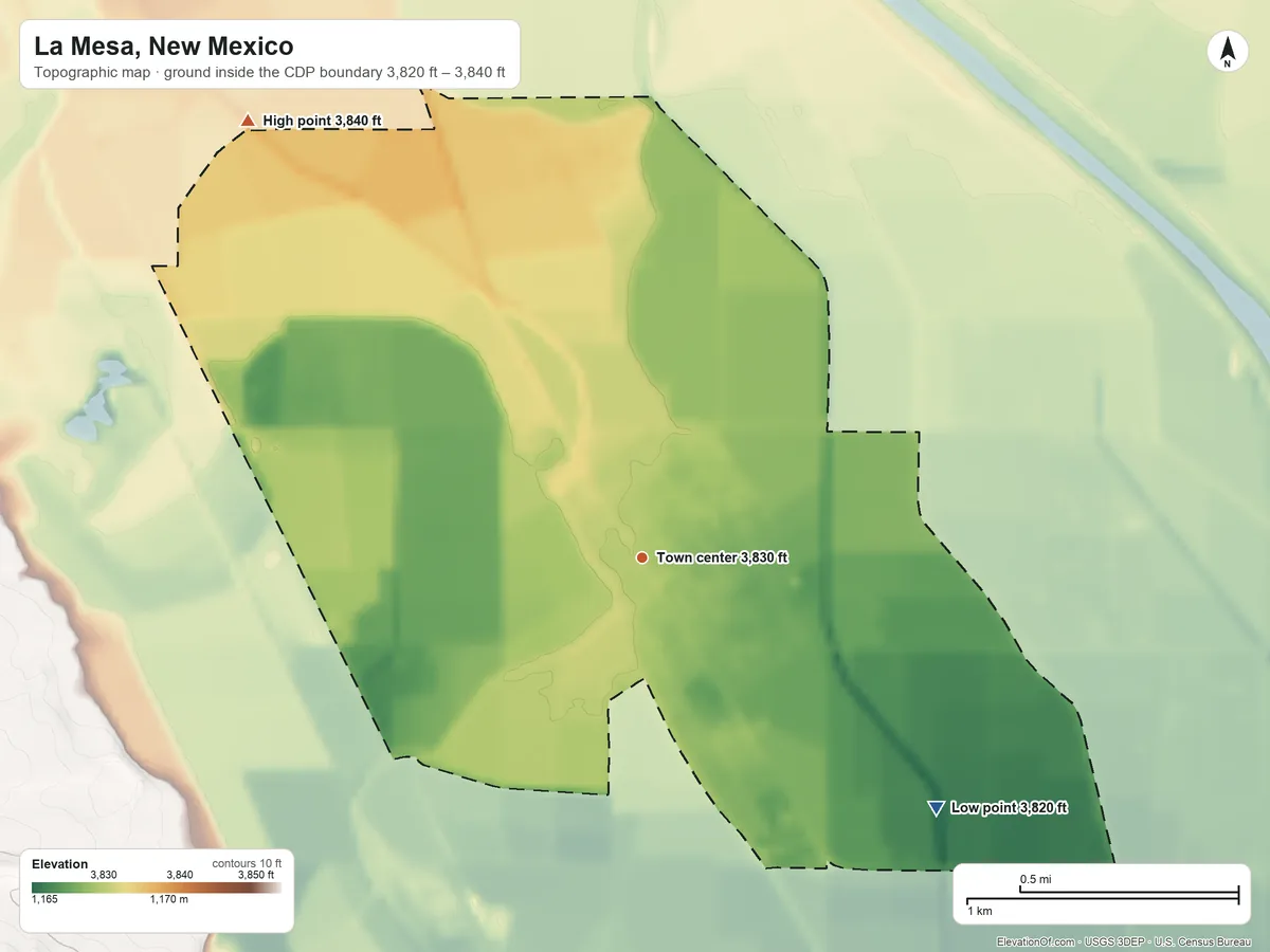 Topographic elevation map of La Mesa, New Mexico, shaded from 3,820 ft on the southeast side to 3,840 ft on the northwest side