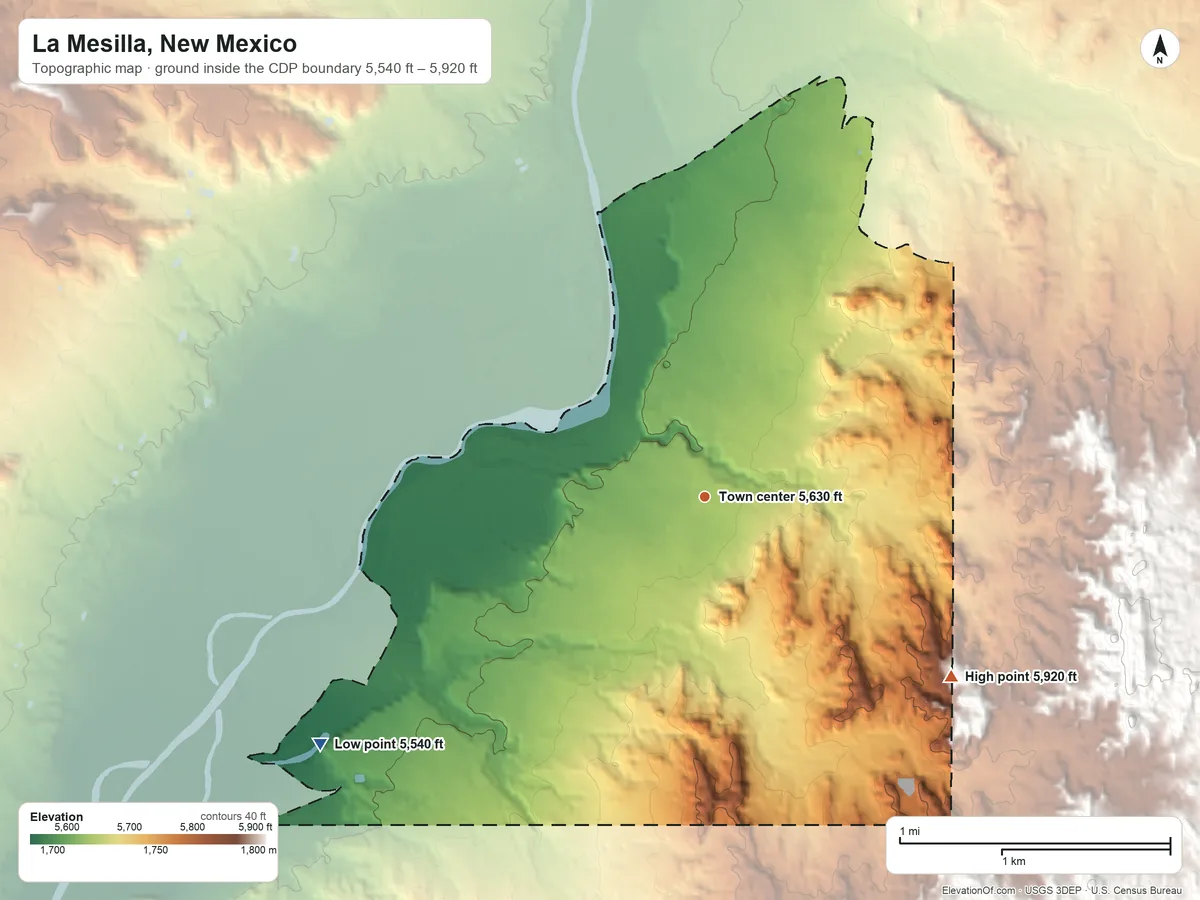 Topographic elevation map of La Mesilla, New Mexico, shaded from 5,540 ft on the southwest side to 5,920 ft on the southeast edge, below higher ground just outside