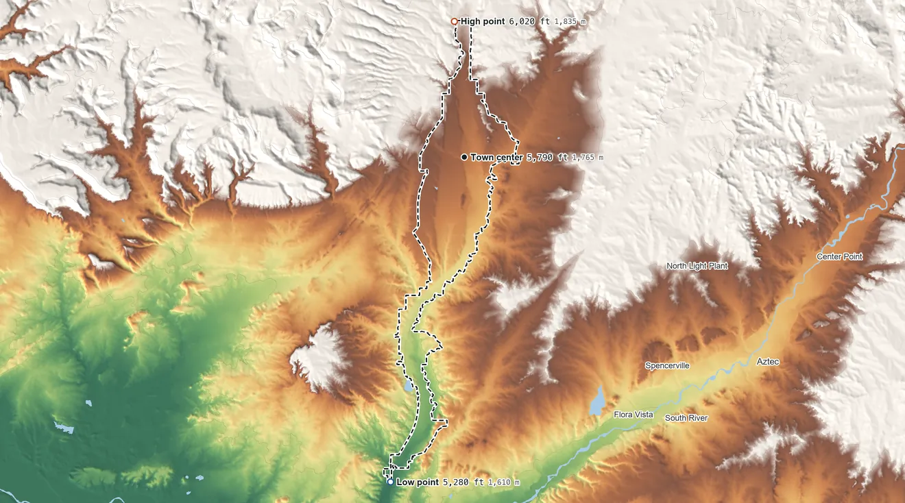 Topographic elevation map of La Plata, New Mexico, shaded from 5,280 ft on the south side to 6,020 ft on the north edge, below higher ground just outside